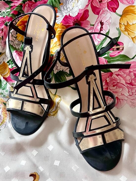 Kate Spade Shoes - KATE SPADE DESIGNER “EIFFEL TOWER” BLACK & METALLIC GOLD WITH GOLD WEDGE HEELS